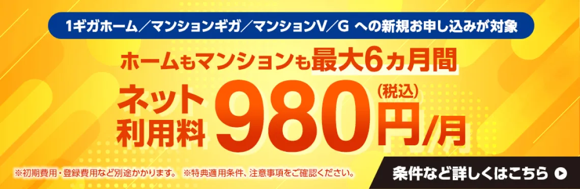 1ギガホーム/マンションギガ/マンションV/Gへの新規お申し込みが対象 ホームもマンションも最大6カ月間ネット利用料980円(税込)/月