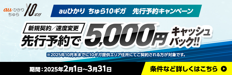 auひかり ちゅら10ギガ 先行予約キャンペーン 新規契約/速度変更 先行予約で5,000円キャッシュバック!!