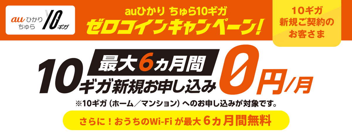 auひかり ちゅら10ギガ ゼロコインキャンペーン 最大6ヵ月間10ギガが0円/月で使える