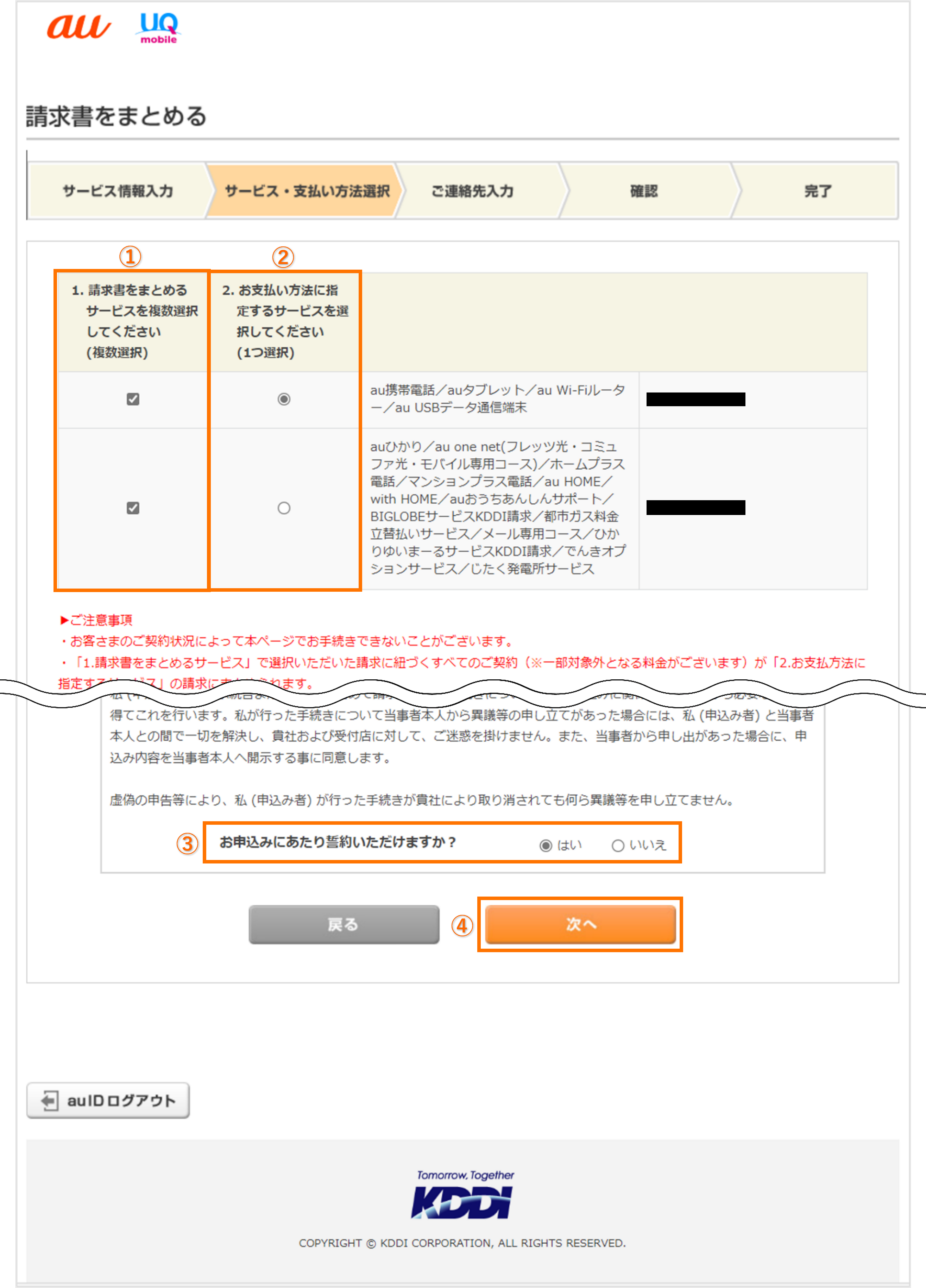 サービスと支払い方法を選択する画面