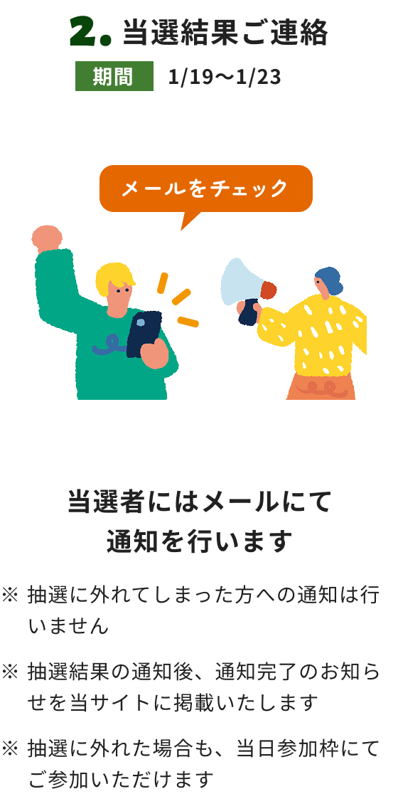 当選結果ご連絡 当選者にはメールにて通知を行います