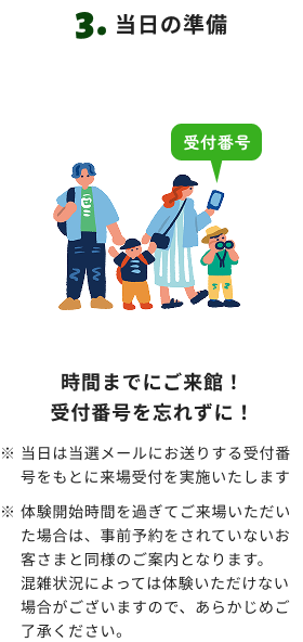 当日の準備 時間までにご来館！受付番号を忘れずに！